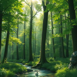 A serene forest scene featuring tall lush green trees with a variety of leaf shapes and sizes