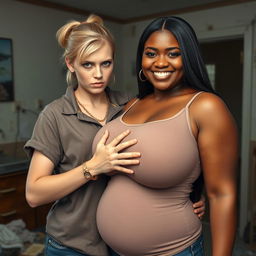 In a rundown room, a young blonde woman, very short, undernourished, and 20 years old, with an angry expression, is wearing a loose gangster-style men's polo shirt, adorned with a gold chain and a gold watch