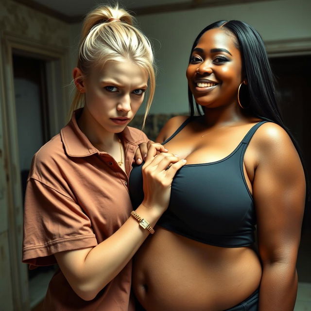 In a rundown room, a young blonde woman, very short, undernourished, and 20 years old, with an angry expression, is wearing a loose gangster-style men's polo shirt, a gold chain, and a gold watch