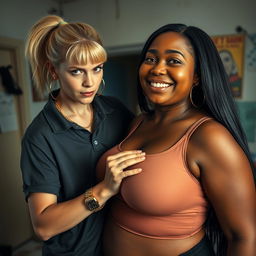 In a rundown room, a young blonde woman, very short, undernourished, and 20 years old, with an angry expression, is wearing a loose gangster-style men's polo shirt, a gold chain, and a gold watch