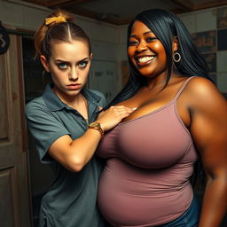 In a rundown room, a young woman with blue eyes, very short, undernourished, and 20 years old, has an angry expression