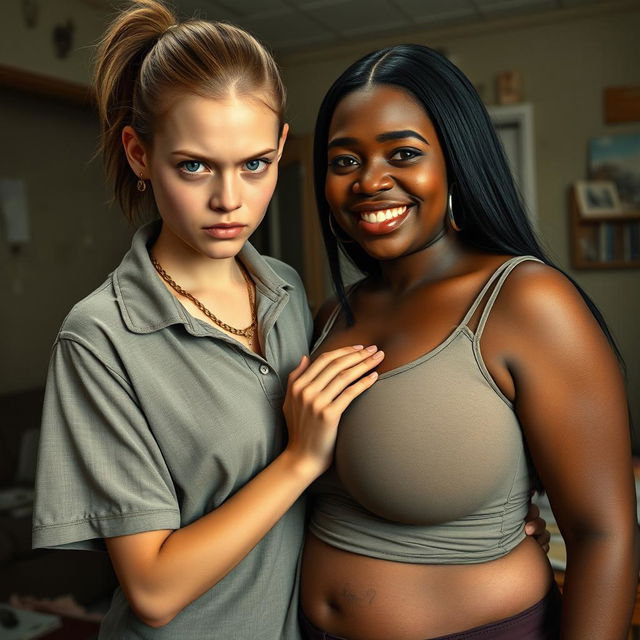 In a rundown room, a young woman with blue eyes, very short, undernourished, and 20 years old, has an angry expression