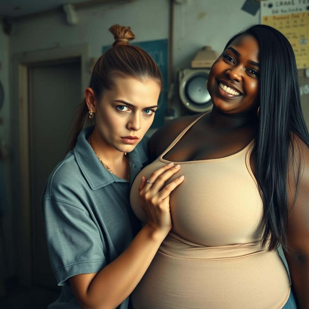 In a rundown room, a young woman with blue eyes, very short, undernourished, and 20 years old, has an angry expression