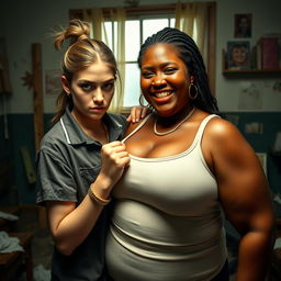 In a rundown room, a young woman with blue eyes, very short, undernourished, and 20 years old, displays an angry expression