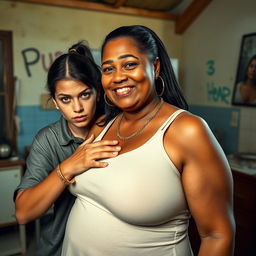 In a rundown room, a young woman with blue eyes, very short, undernourished, and 20 years old, displays an angry expression