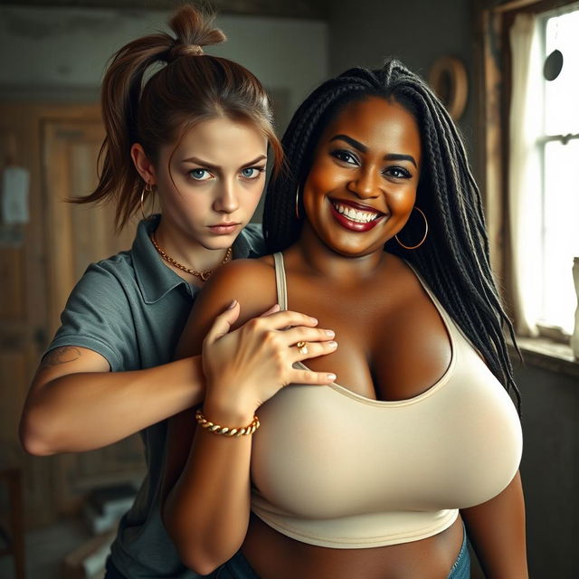 In a rundown room, a young woman with blue eyes, very short, undernourished, and 20 years old, displays an angry expression