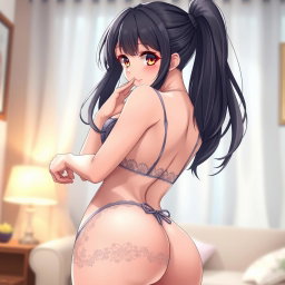 A beautiful anime-styled character resembling a waifu, wearing elegant lingerie that accentuates her curves and subtly reveals her figure