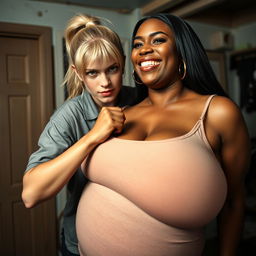 In a run-down room, a young blonde woman with blue eyes, very short, undernourished, and 20 years old, displays an angry expression