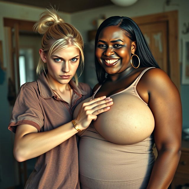 In a run-down room, a young blonde woman with blue eyes, very short, undernourished, and 20 years old, displays an angry expression