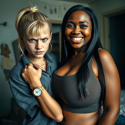 In a run-down room, a young blonde woman with blue eyes, very short, undernourished, and 20 years old, displays an angry expression