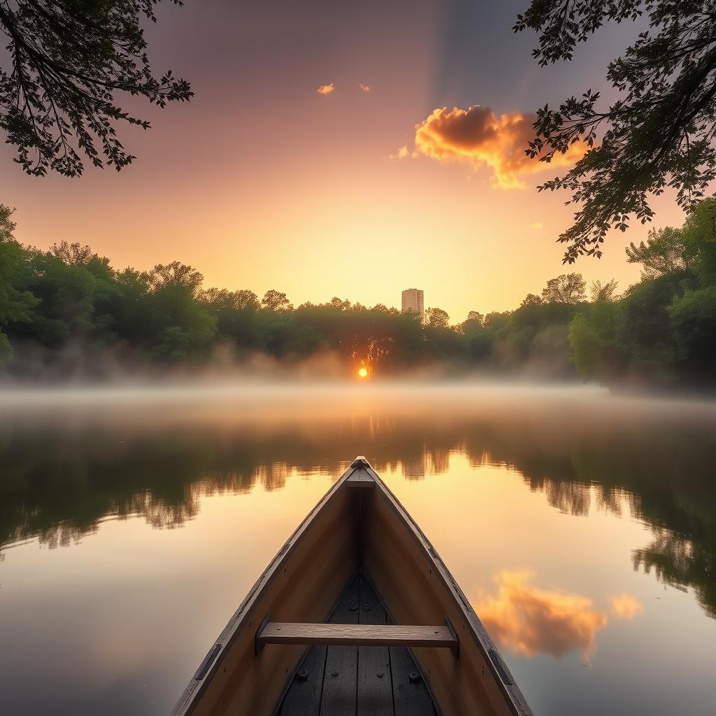 A beautifully lit, serene sunrise over a tranquil lake surrounded by lush green trees and mist gently rising from the water's surface