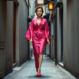 A stunning 48-year-old Japanese woman elegantly walking through a narrow alley