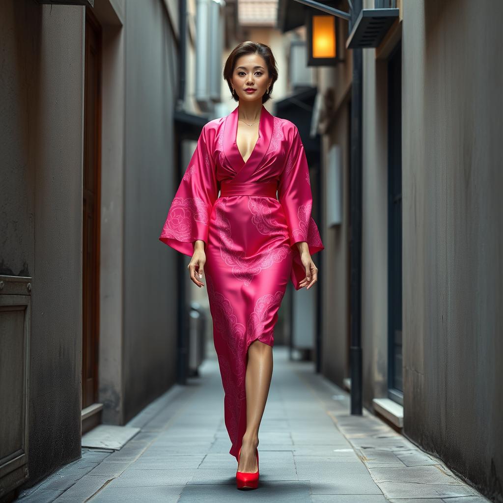 A stunning 48-year-old Japanese woman elegantly walking through a narrow alley