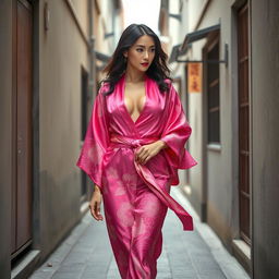 A stunning 48-year-old Japanese woman elegantly walking through a narrow alley