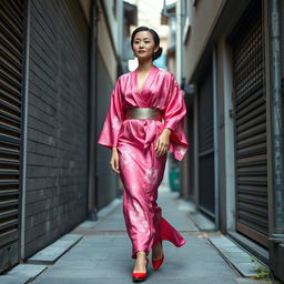 A stunning 48-year-old Japanese woman elegantly walking through a narrow alley