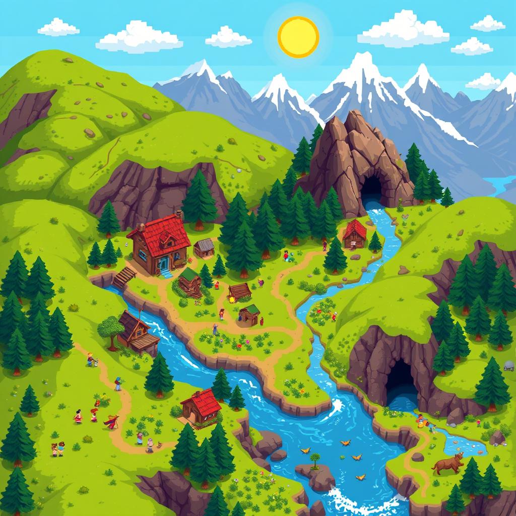 A vibrant, detailed pixel art video game map showcasing a fantasy world