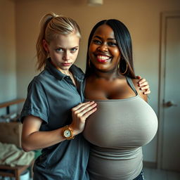 In a neglected room, a young blonde woman with blue eyes, very short, undernourished, and 20 years old, wears an expression of anger