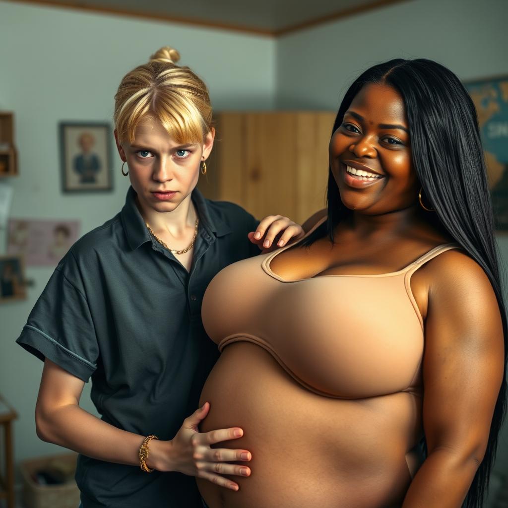 In a neglected room, a young blonde woman with blue eyes, very short, undernourished, and 20 years old, wears an expression of anger