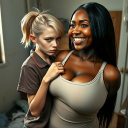 In a neglected room, a young blonde woman with blue eyes, very short, undernourished, and 20 years old, wears an expression of anger