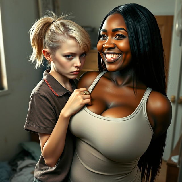 In a neglected room, a young blonde woman with blue eyes, very short, undernourished, and 20 years old, wears an expression of anger