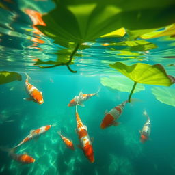 An enchanting underwater shot of koi fish gracefully swimming beneath the surface