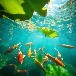 An enchanting underwater shot of koi fish gracefully swimming beneath the surface