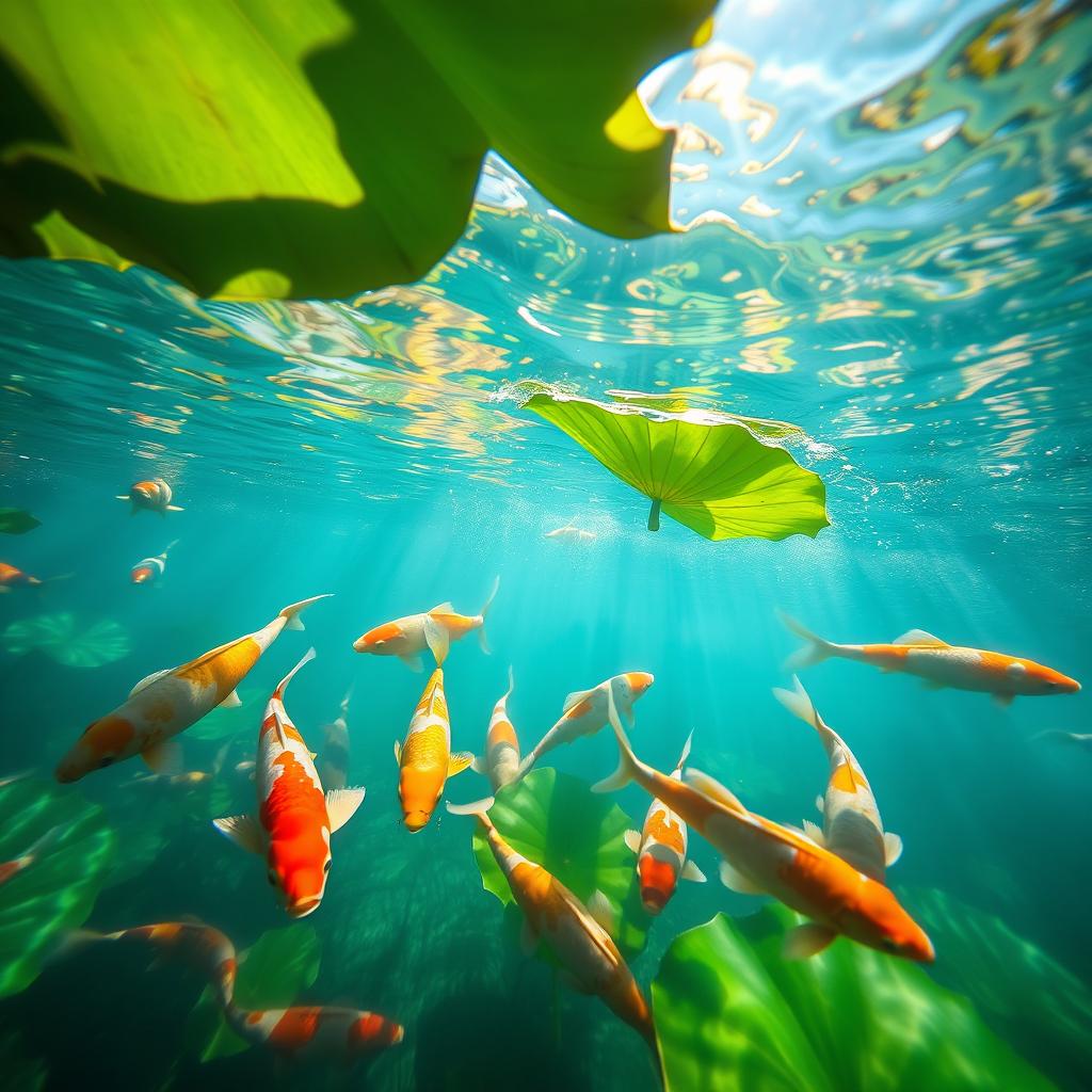 An enchanting underwater shot of koi fish gracefully swimming beneath the surface