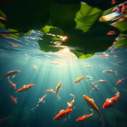 An enchanting underwater shot of koi fish gracefully swimming beneath the surface