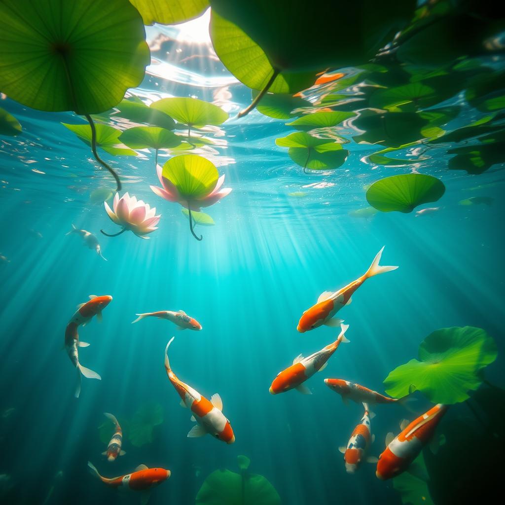 An enchanting underwater shot featuring koi fish swimming gracefully in a serene aquatic environment