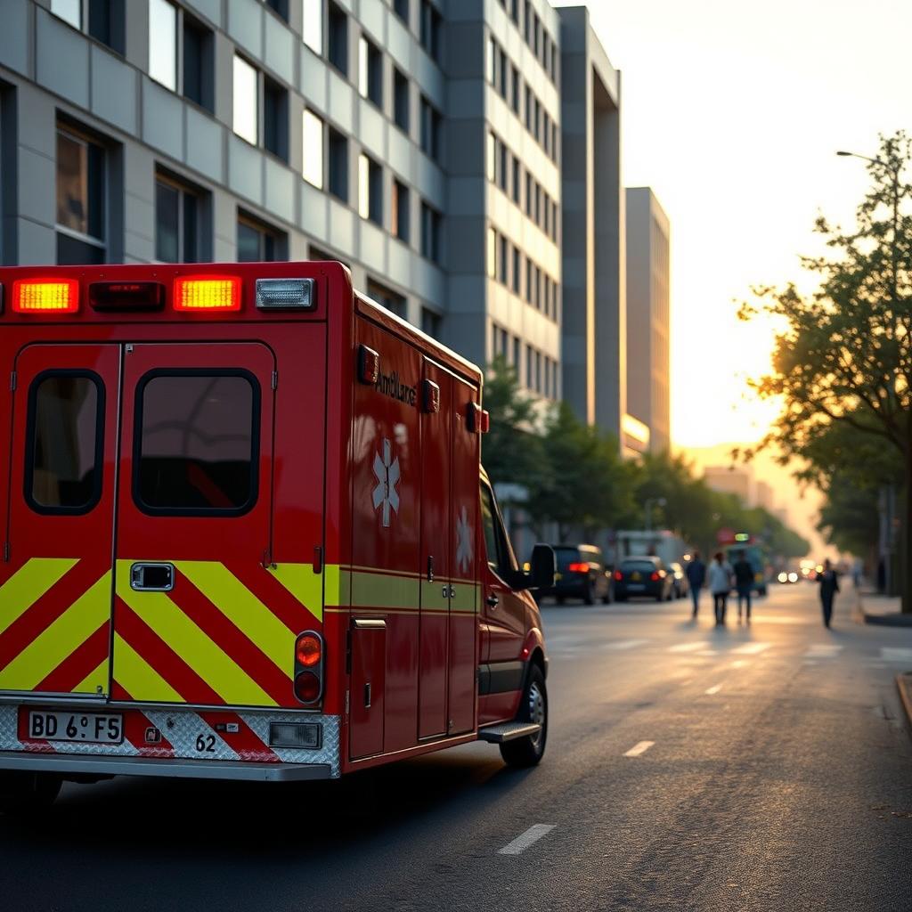 A bright red ambulance parked outside a hospital at dawn, with its sirens flashing and lights on