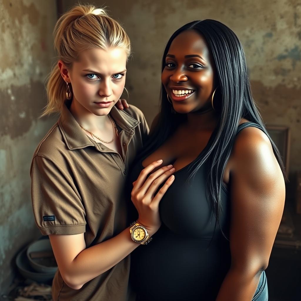 In a poor room, a young blonde woman with blue eyes, who is very short and malnourished at 20 years old, has an angry expression and is wearing a loose-fitting gangster-style men's polo shirt