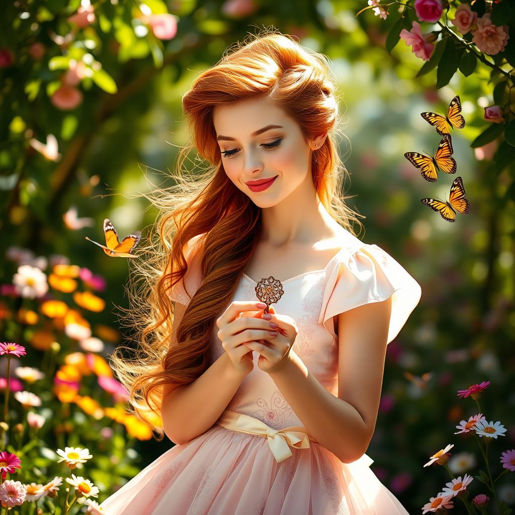 A stunning and enchanting young woman named Alice with long, flowing auburn hair styled elegantly, surrounded by a beautiful, vibrant garden filled with colorful flowers and butterflies