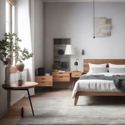 Scandinavian styled bedroom with industrial teakwood furniture including a chair and table