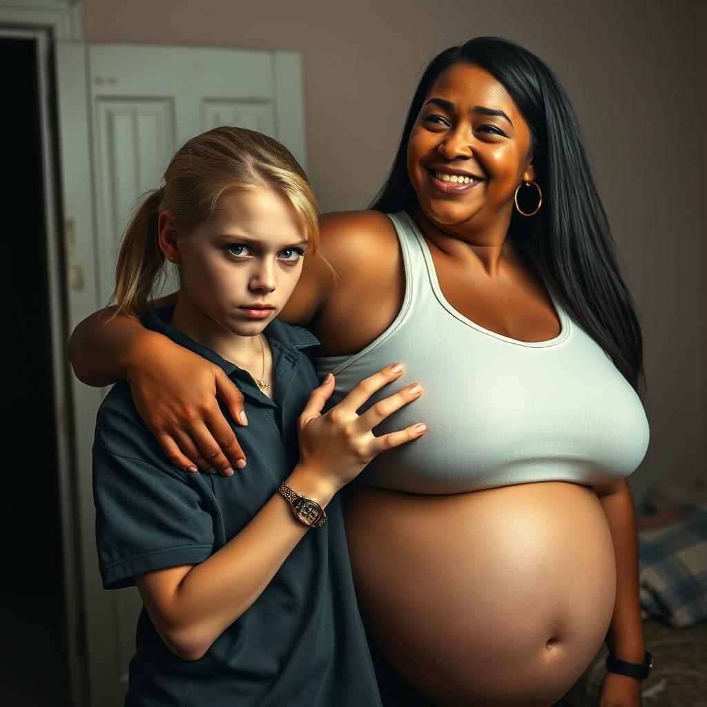 In a poor room, a young blonde woman with blue eyes, short stature, and a malnourished appearance, displays an angry expression