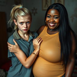 In a poor room, a young blonde woman with blue eyes, short stature, and a malnourished appearance, displays an angry expression