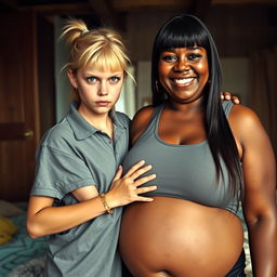 In a poor room, a young blonde woman with blue eyes, short stature, and a malnourished appearance, displays an angry expression