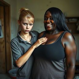 In a poor room, a young blonde woman with blue eyes, short stature, and a malnourished appearance, displays an angry expression