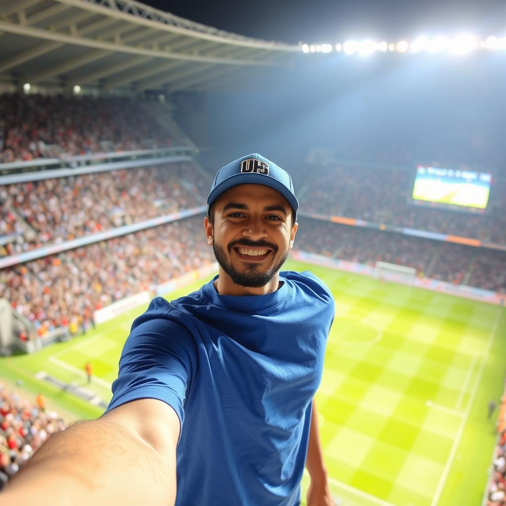 A person taking a selfie at Al Nassr stadium, facing the football field