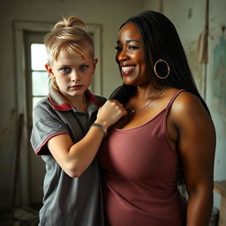 In a run-down room, a young blonde woman with blue eyes, who is very short and appears malnourished, has an angry expression on her face