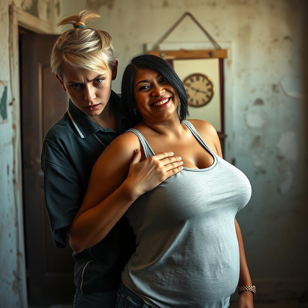 In a run-down room, a young blonde woman with blue eyes, who is very short and appears malnourished, has an angry expression on her face