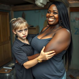 In a run-down room, a young blonde woman with blue eyes, who is very short and appears malnourished, has an angry expression on her face