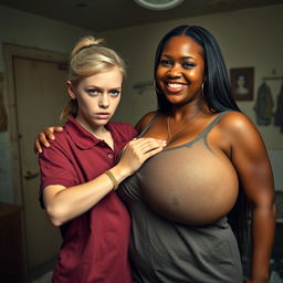 In a run-down room, a young blonde woman with blue eyes, who is very short and appears malnourished, has an angry expression on her face