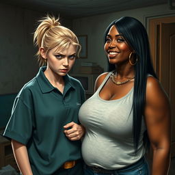 In a rundown room, a young blonde woman with blue eyes, noticeably short and appearing malnourished, is displaying an angry expression