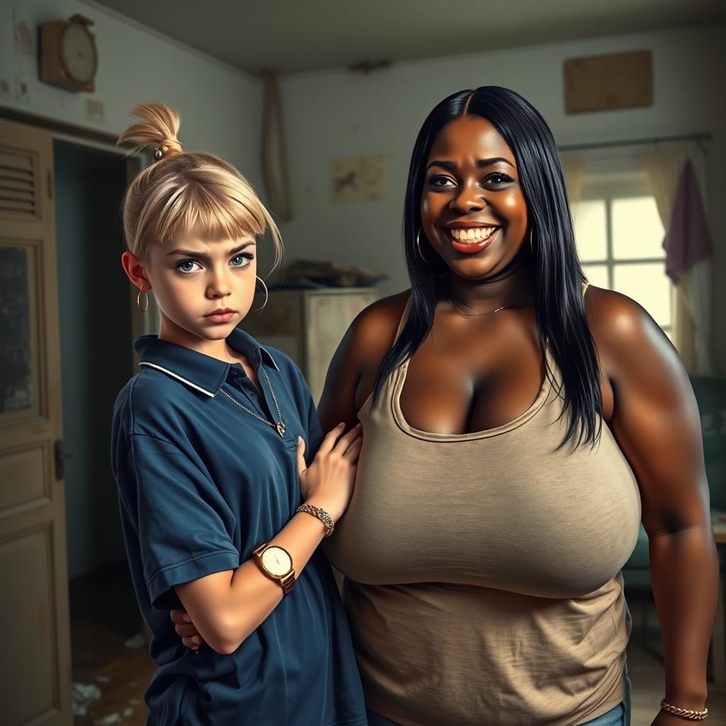 In a rundown room, a young blonde woman with blue eyes, noticeably short and appearing malnourished, is displaying an angry expression