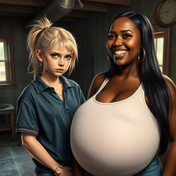 In a rundown room, a young blonde woman with blue eyes, noticeably short and appearing malnourished, is displaying an angry expression