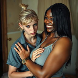 In a poor room, a young blonde woman with blue eyes, quite short and appearing malnourished at 20 years old, has a fierce, angry expression