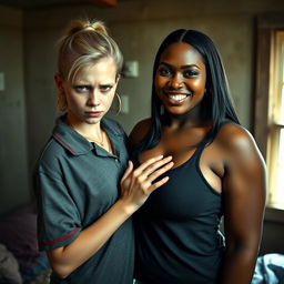 In a poor room, a young blonde woman with blue eyes, very short and appearing malnourished at 20 years old, has an angry expression