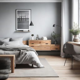 Scandinavian styled bedroom with industrial teakwood furniture including a chair and table