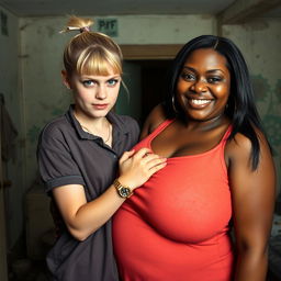 In a dilapidated room, a young blonde woman with blue eyes, notably short and appearing malnourished at 20 years old, displays an angry expression