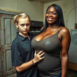 In a dilapidated room, a young blonde woman with blue eyes, notably short and appearing malnourished at 20 years old, displays an angry expression